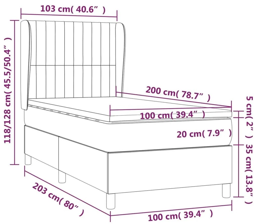 Κρεβάτι Boxspring με Στρώμα Ανοιχτό Γκρι 100x200 εκ. Βελούδινο - Γκρι