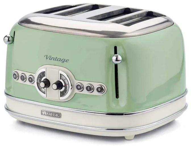 Τοστιέρα ψωμιού Ariete VINTAGE 0156/04, 1600W, 4 φέτες, 3 λειτουργίες, 6 στάδια, Αφαιρούμενος δίσκος ψίχας, Πράσινο