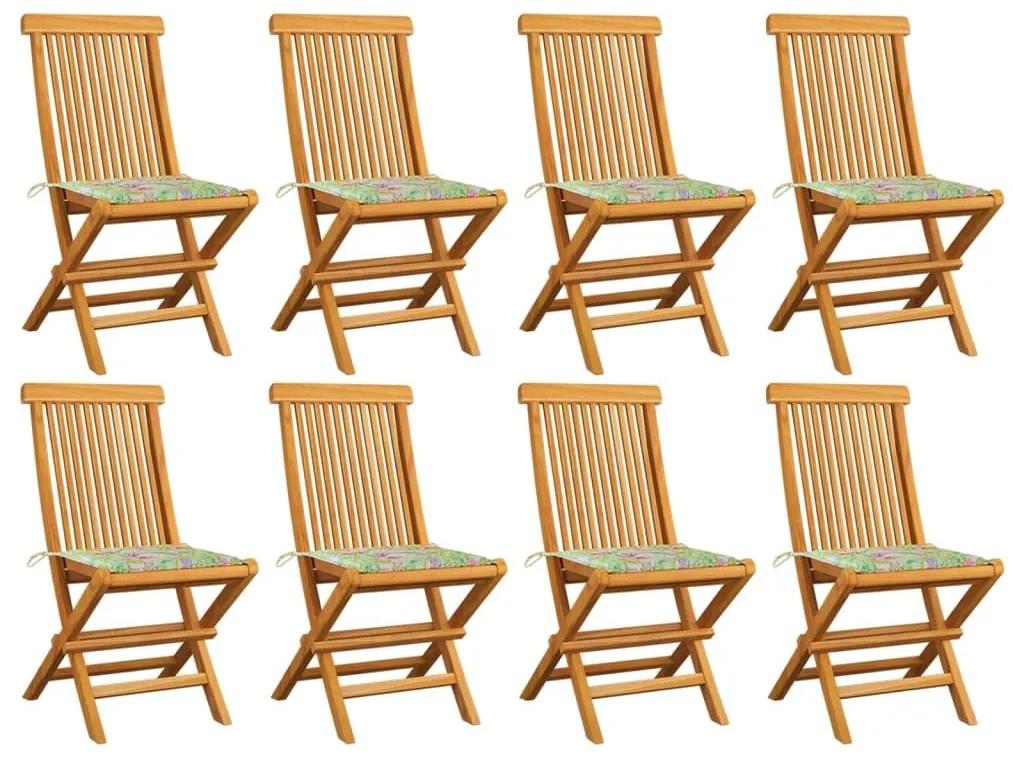Καρέκλες Κήπου 8 τεμ Μασίφ Ξύλο Teak Μαξιλάρια με Σχέδιο Φύλλων - Καφέ
