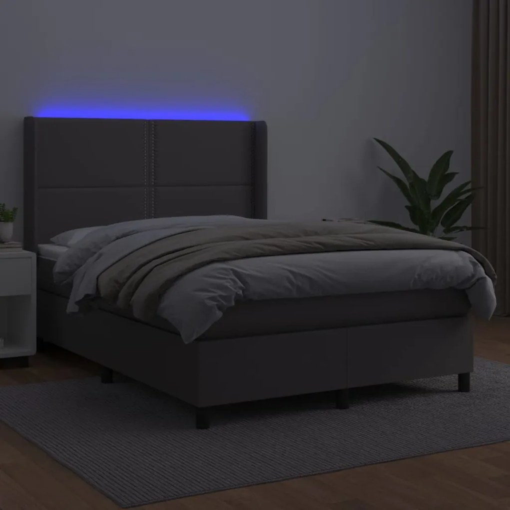 Κρεβάτι Boxspring με Στρώμα &amp; LED Γκρι 140x190 εκ. Συνθ. Δέρμα - Γκρι