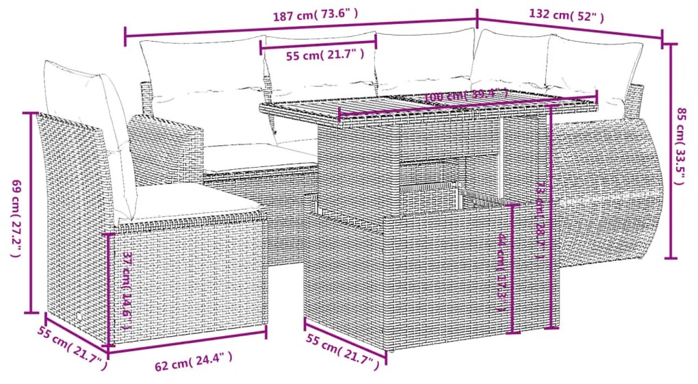 vidaXL Καναπές Κήπου 6 Τεμαχίων Μαύρο από Συνθετικό Ρατάν με Μαξιλάρια