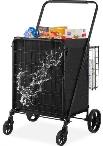 VEVOR Folding Shopping Cart with Removable Waterproof Liner, 330LBS Large Capacity Jumbo Grocery Cart with Dual Basket, 360° Swivel Wheels, Dense Metal Mesh Base, Heavy Duty Utility Cart for Shopping