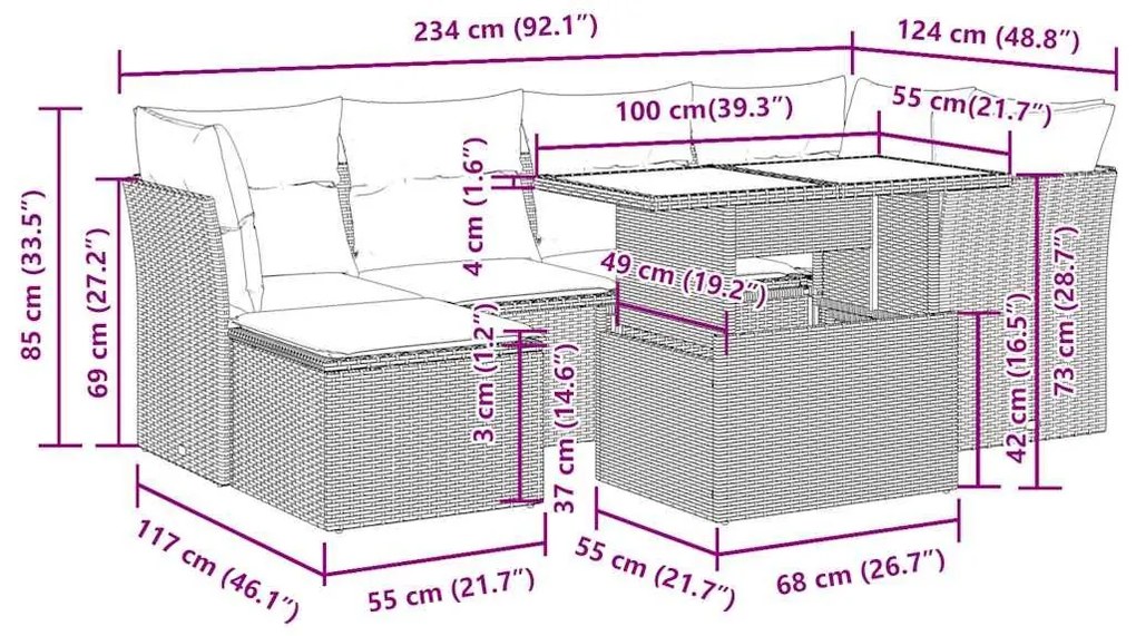 Σαλόνι Κήπου Σετ 7 Τεμαχίων Καφέ Συνθετικό Ρατάν με Μαξιλάρια - Καφέ