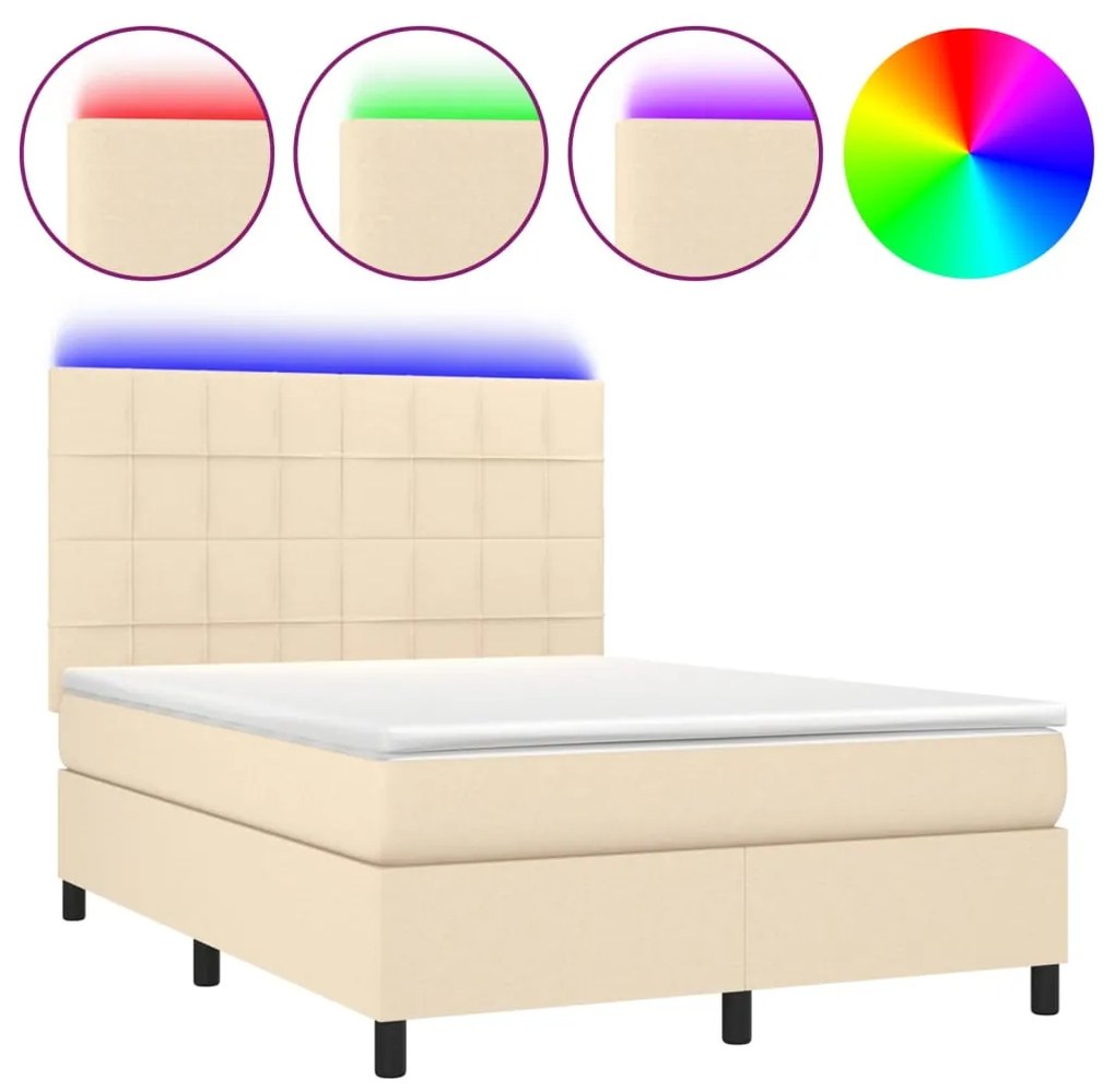 vidaXL Κρεβάτι Boxspring με Στρώμα & LED Κρεμ 140x200 εκ. Υφασμάτινο