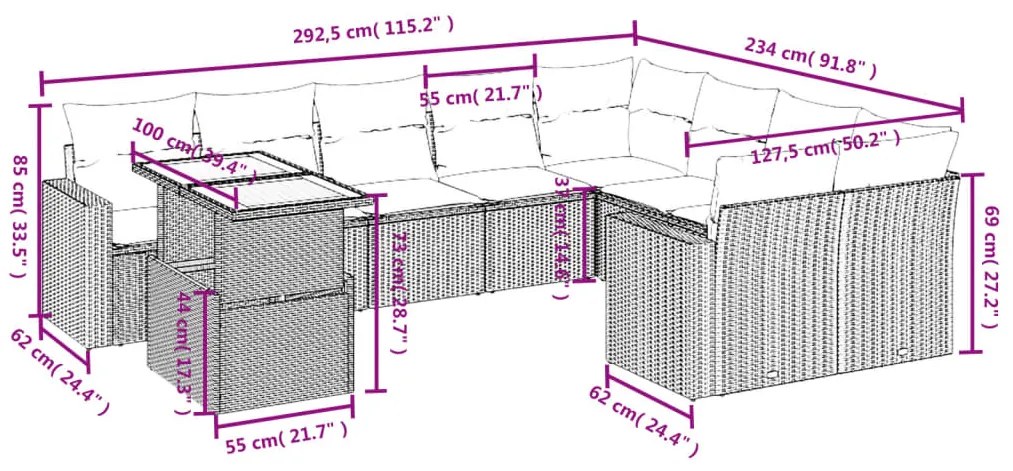 vidaXL Σετ Καναπέ Κήπου 10 τεμ. Μπεζ Συνθετικό Ρατάν με Μαξιλάρια