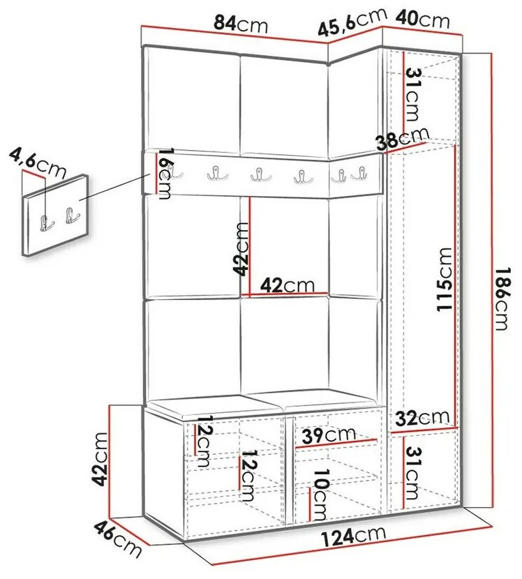 Σετ διαδρόμου Hartford 471, 186x124x44cm, 62 kg, Γραφίτης, Πλαστικοποιημένη μοριοσανίδα, Ταπισερί, Εντοιχισμένη, Τοίχου | Epipla1.gr