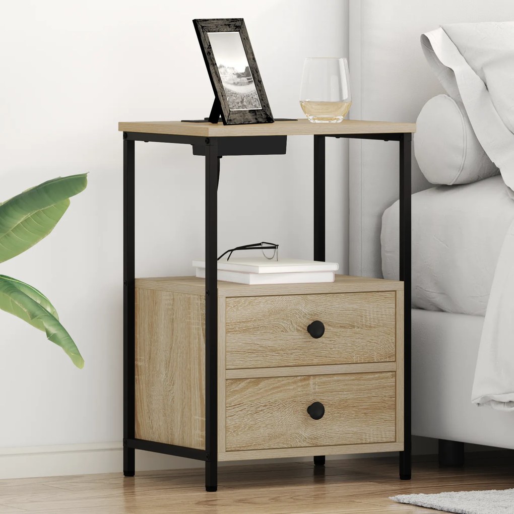 vidaXL Κομοδίνο με Σταθμό Φόρτισης με συρτάρι 2 pcs Sonoma Δρυς