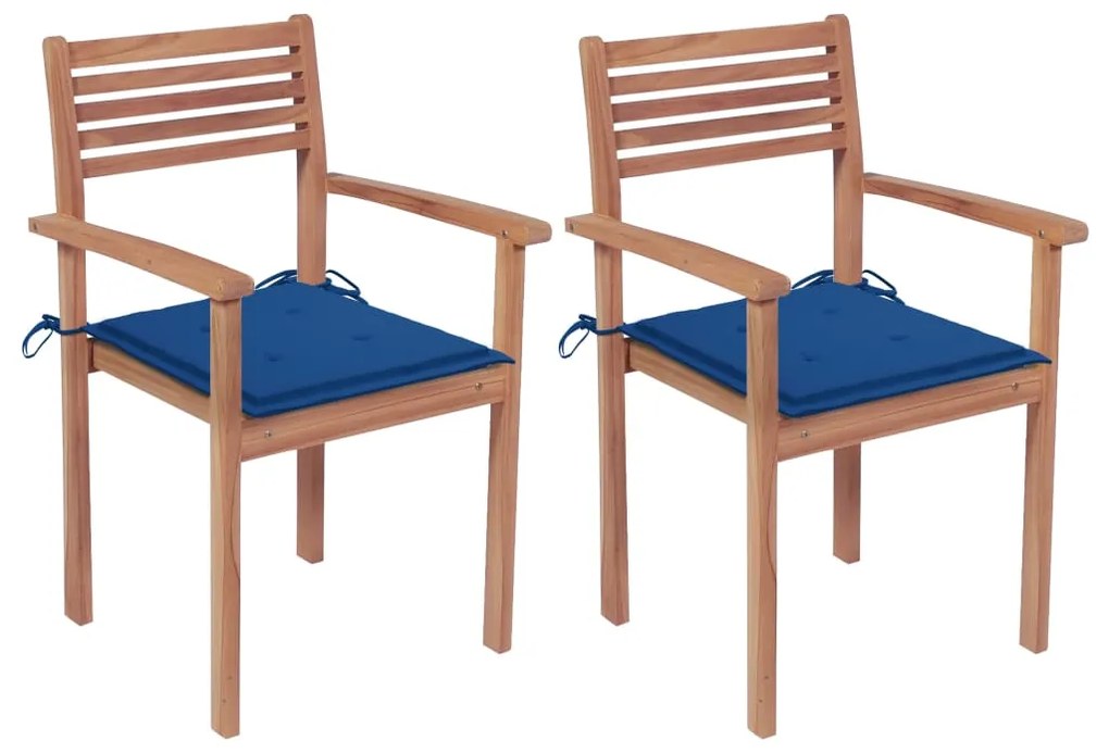 vidaXL Καρέκλες Κήπου 2 τεμ. από Μασίφ Ξύλο Teak & Μπλε Ρουά Μαξιλάρια