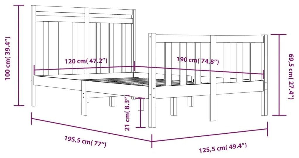 vidaXL Πλαίσιο Κρεβατιού 120 x 190 εκ. από Μασίφ Ξύλο Small Double