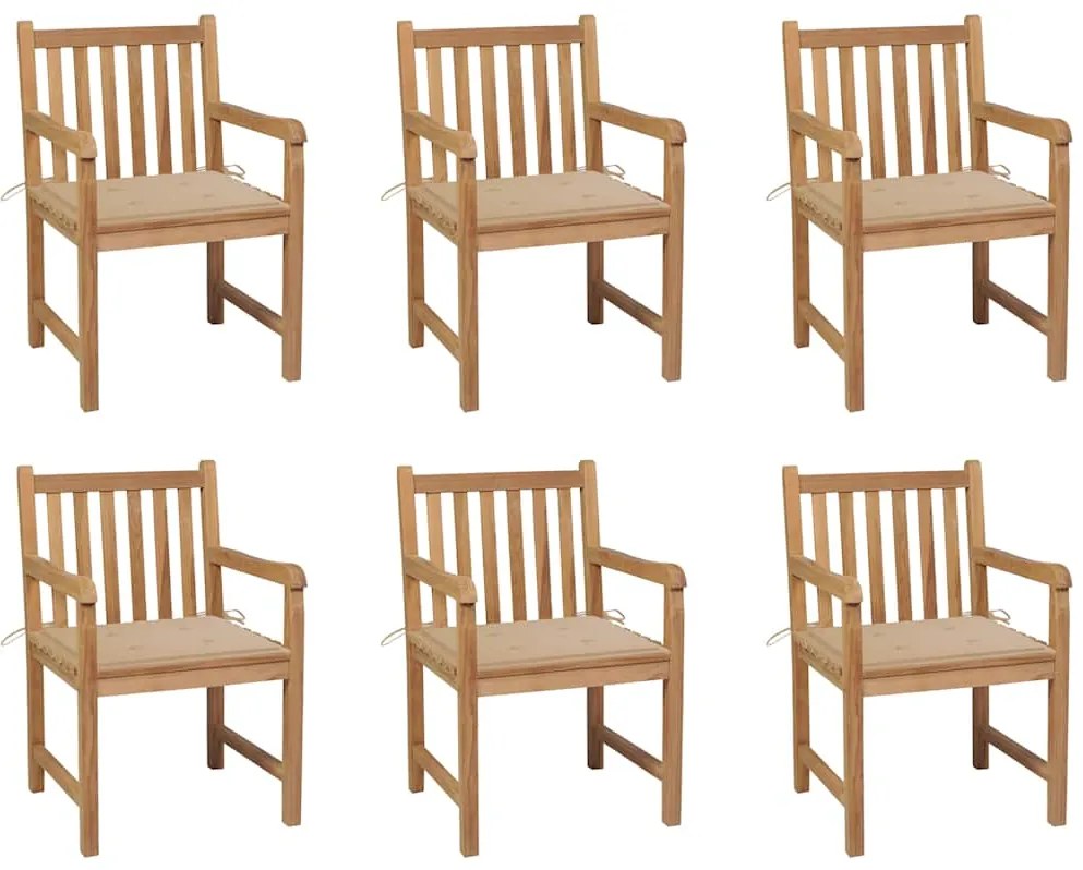 vidaXL Καρέκλες Κήπου 6 Τεμαχίων από Μασίφ Ξύλο Teak με Μπεζ Μαξιλάρια