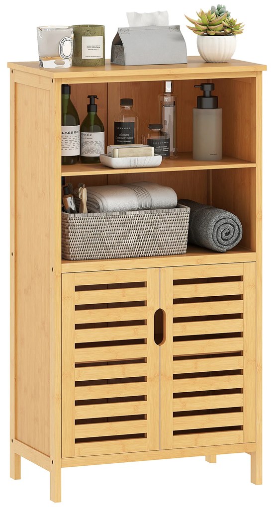 kleankin Ντουλάπι μπάνιου από μπαμπού, με περσίδες πόρτες, 2 ράφια, 1 ντουλάπι, 50 cm x 29 cm x 92 cm, Φυσικό