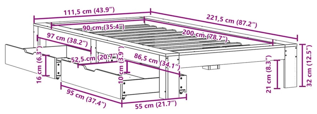 ΣΚΕΛΕΤΟΣ ΚΡΕΒ. ΧΩΡΙΣ ΣΤΡΩΜΑ ΚΑΦΕ ΚΕΡΙΟΥ 90X200 ΕΚ ΜΑΣΙΦ ΠΕΥΚΟ 3309010