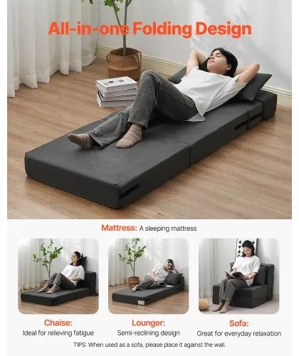 VEVOR Folding Sofa Bed 3-in-1 Foldable Couch Bed with 2 Pillows Dark Grey Single