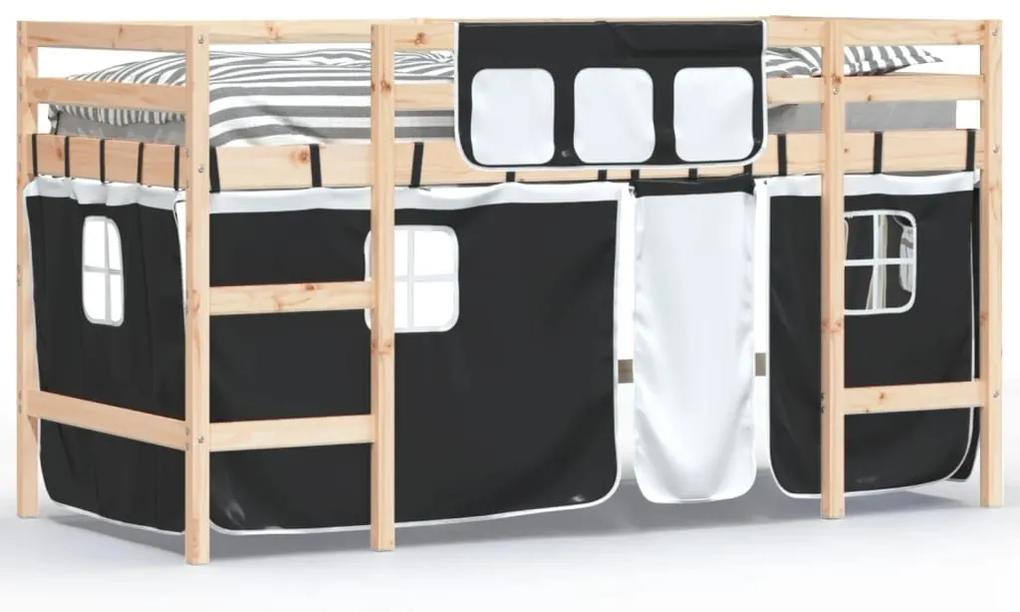 Υπερυψ. Κρεβάτι με Κουρτίνες Λευκό/Μαύρο 80x200 εκ. Μασίφ Πεύκο - Μαύρο