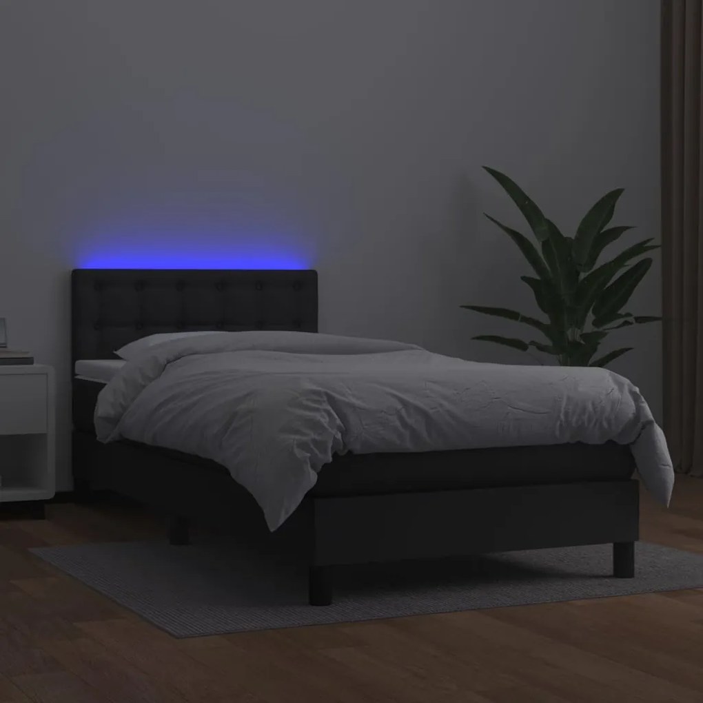 vidaXL Κρεβάτι Boxspring με Στρώμα & LED Μαύρο 90x190 εκ. Συνθ. Δέρμα