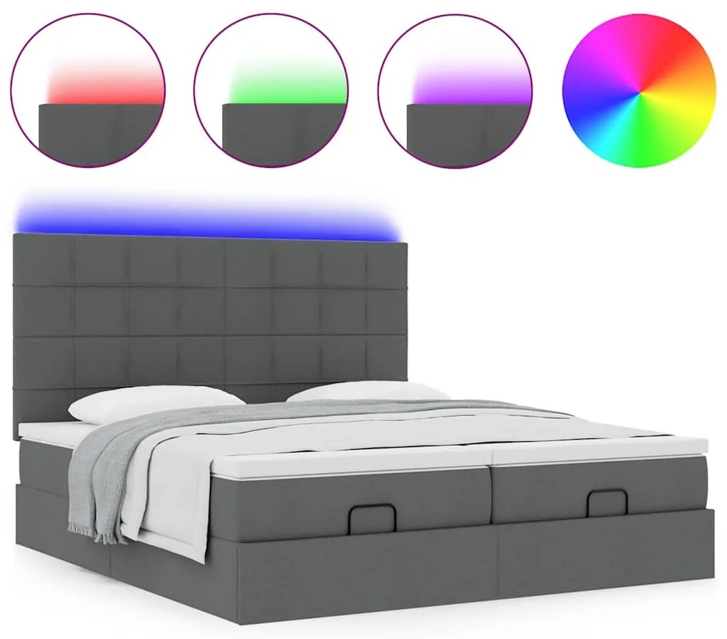 vidaXL Οθωμανικό κρεβάτι με στρώματα&LEDs Σκούρο γκρι 200x200cm ύφασμα