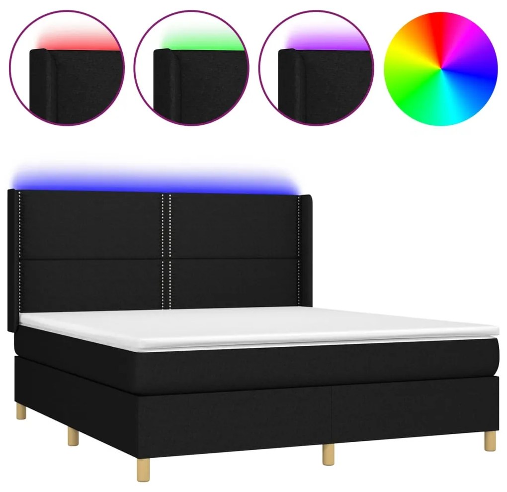 vidaXL Κρεβάτι Boxspring με Στρώμα & LED Μαύρο 180x200 εκ. Υφασμάτινο