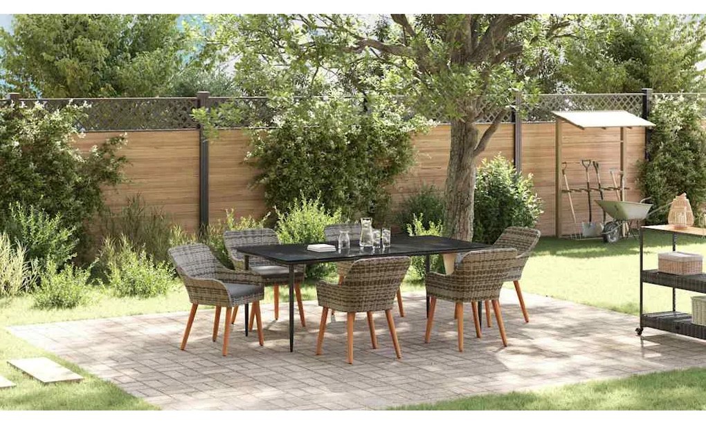 vidaXL Σέτ φαγητού για κήπο με μαξιλάρι 7 pcs Γκρι συνθετικό ρατάν