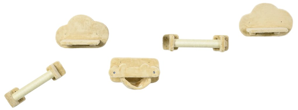 PawHut Σκάλα για γάτες, Σετ 5 τεμαχίων, 2 στύλοι ξυσίματος, 2 πλατφόρμες με βελούδινη επένδυση, Αιώρα, Μπεζ