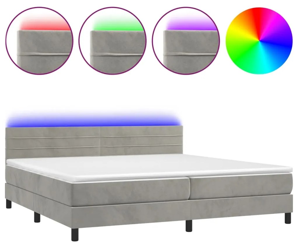 vidaXL Κρεβάτι Boxspring με Στρώμα & LED Αν.Γκρι 200x200 εκ. Βελούδινο