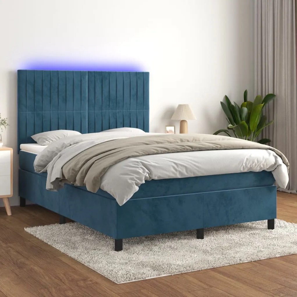 Κρεβάτι Boxspring με Στρώμα & LED Σκ. Μπλε 140x200εκ. Βελούδινο