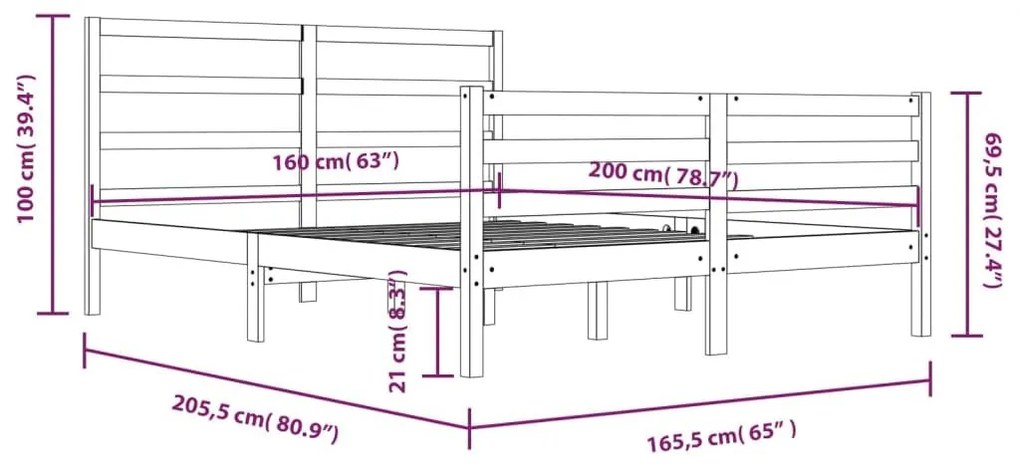 Πλαίσιο Κρεβατιού 160 x 200 εκ. από Μασίφ Ξύλο Πεύκου - Καφέ