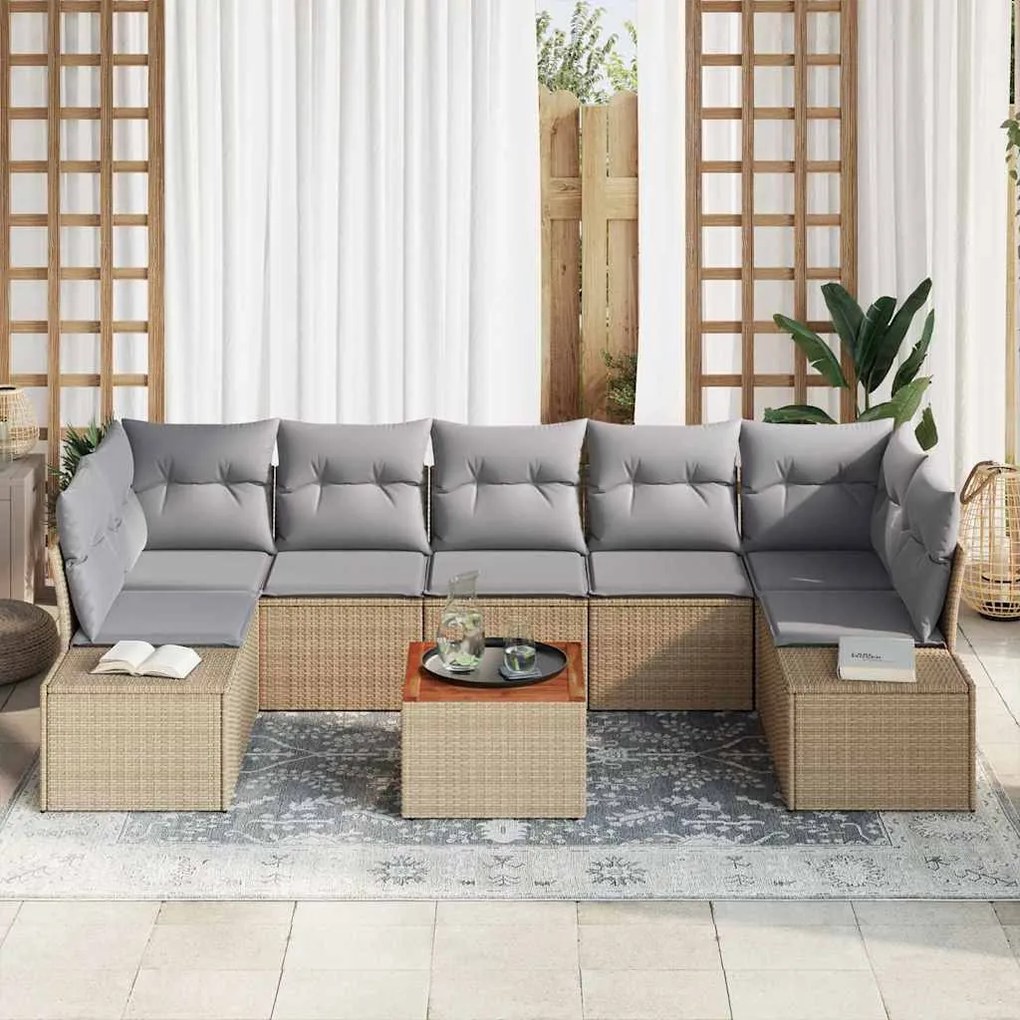 vidaXL Σετ Καναπέ Κήπου με μαξιλάρι 8 pcs Μπεζ Πολυ ράταν