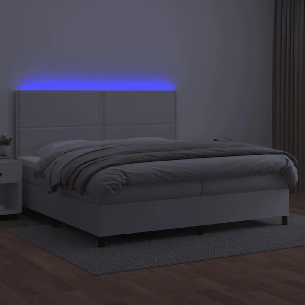 vidaXL Κρεβάτι Boxspring με Στρώμα & LED Λευκό 200x200 εκ. Συνθ. Δέρμα