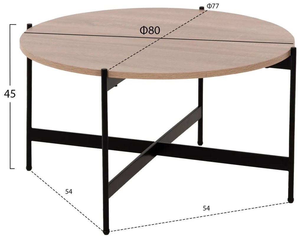 Τραπεζάκι σαλονιού C9588.03 MDF Σονάμα και Μαύρη Μεταλλική Βάση Φ80x45Υεκ. 80x80x45 εκ.