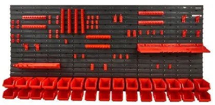 VEVOR Wall Mounted Storage Bins, 30-Bin Parts Rack Organizer Garage Plastic Shop Tool with Wall Panels/Tool Holders/Hooks, Tool Organizer for Nuts, Bolts, Screws, Nails, Beads, Buttons, Black and Red