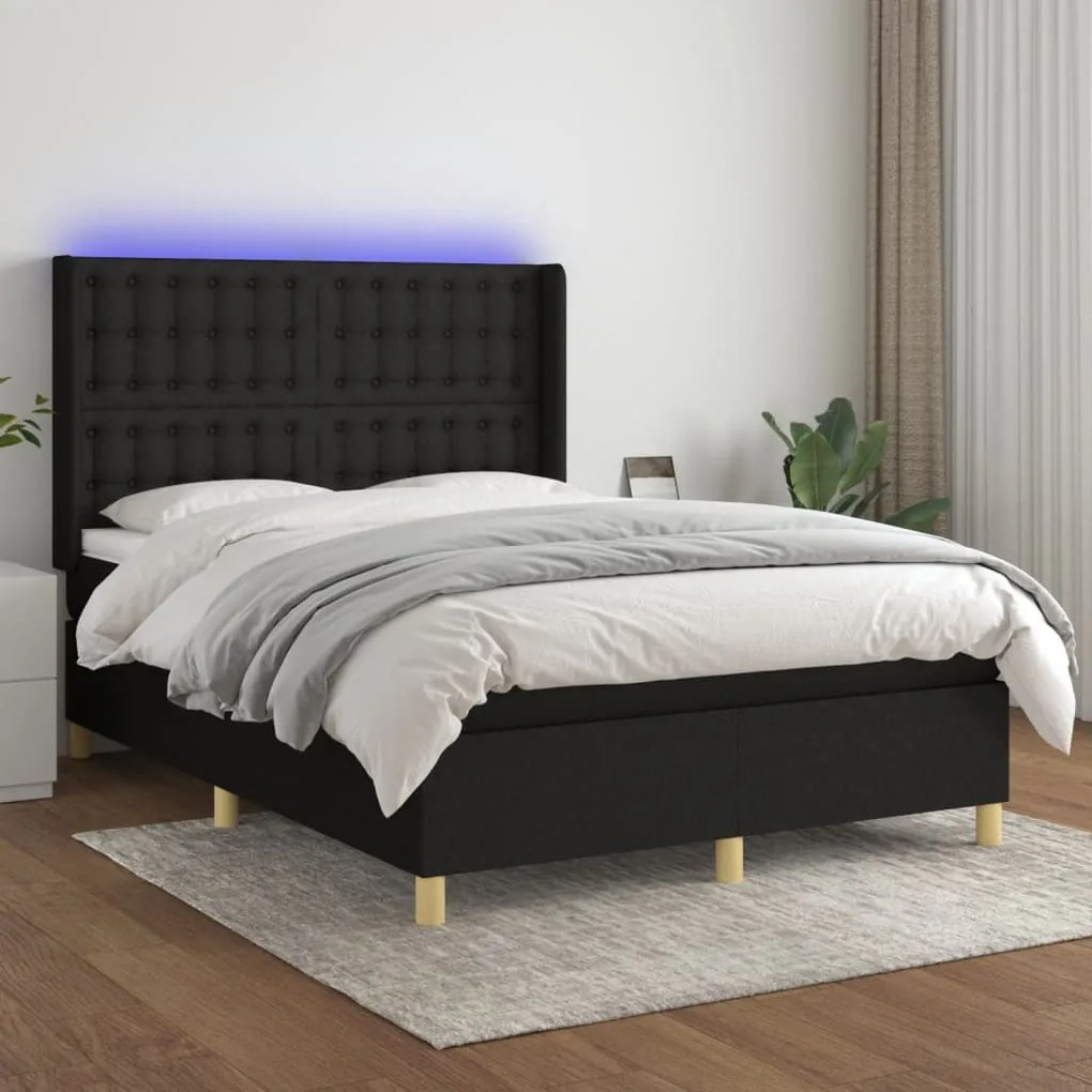 vidaXL Κρεβάτι Boxspring με Στρώμα & LED Μαύρο 140x190 εκ. Υφασμάτινο