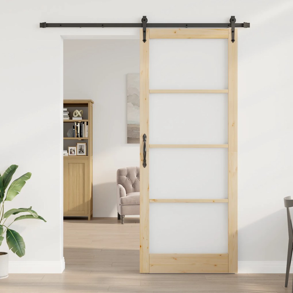 vidaXL Συρόμενη Πόρτα με Σετ Εξαρτημάτων 93x232 εκ. Συμπαγές Ξύλο Πεύκου
