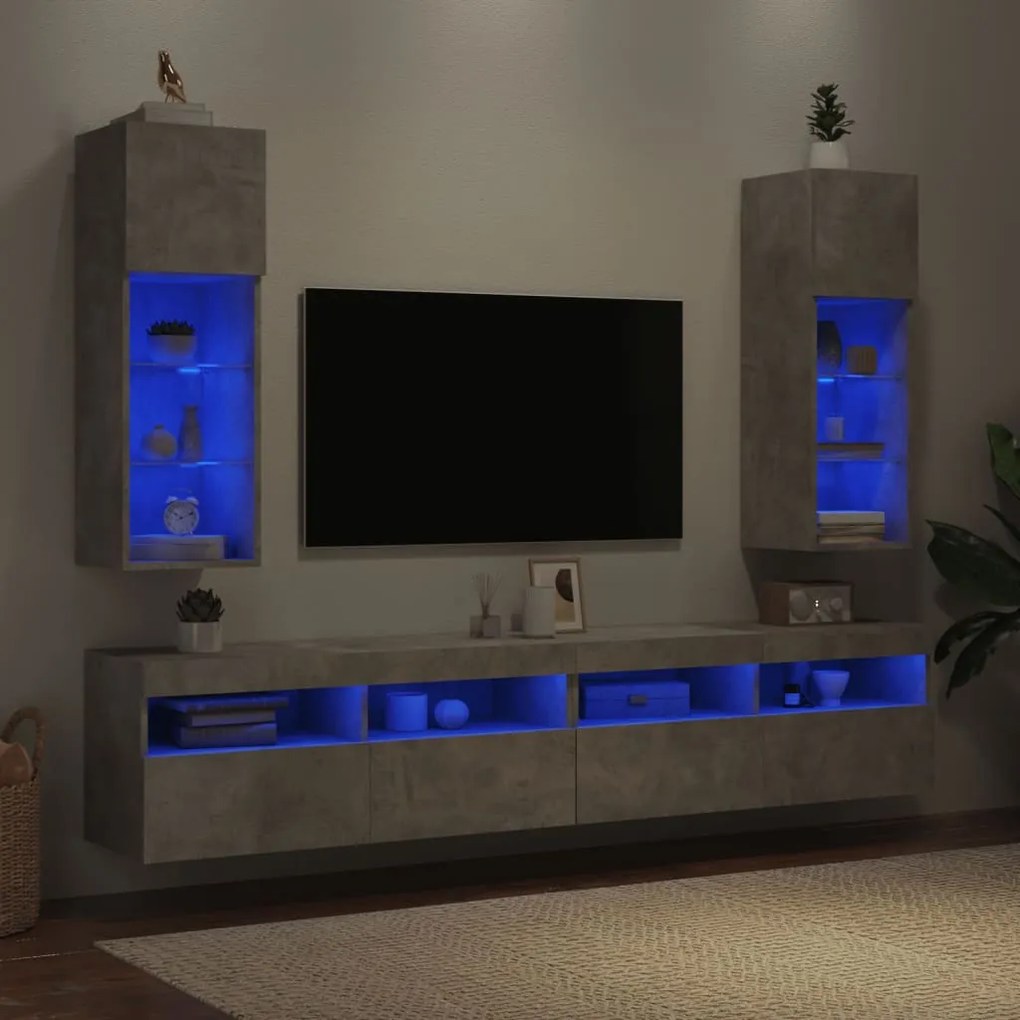 vidaXL Έπιπλα Τηλεόρασης με LED 2 τεμ. Γκρι Σκυροδέματος 30,5x30x90εκ.