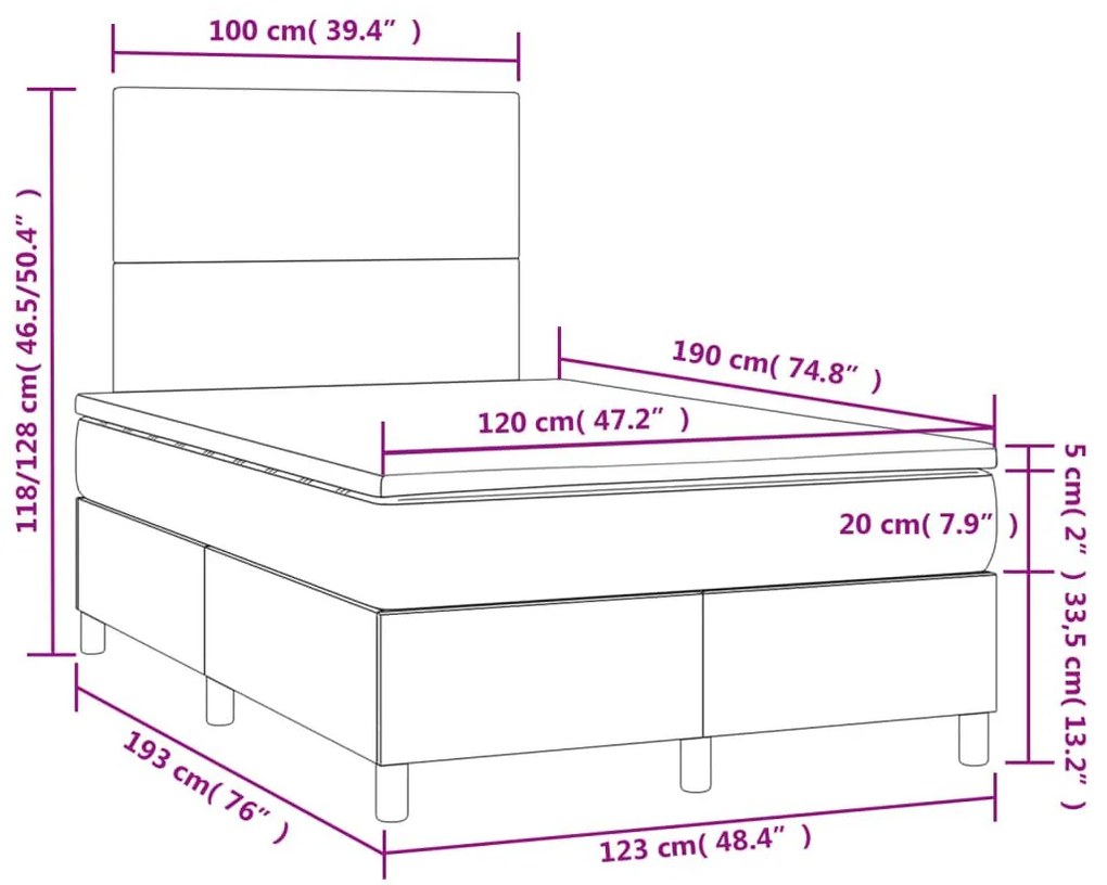 Κρεβάτι Boxspring με Στρώμα &amp; LED Μπλε 120x190εκ. Υφασμάτινο - Μπλε