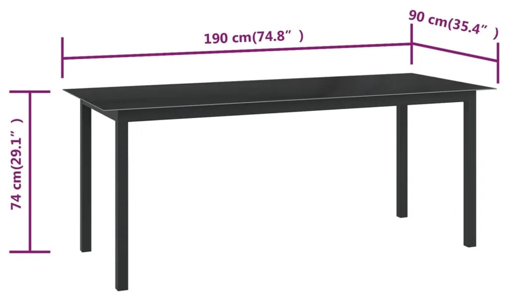 Τραπέζι Κήπου Μαύρο 190 x 90 x 74 εκ. από Αλουμίνιο / Γυαλί 312202