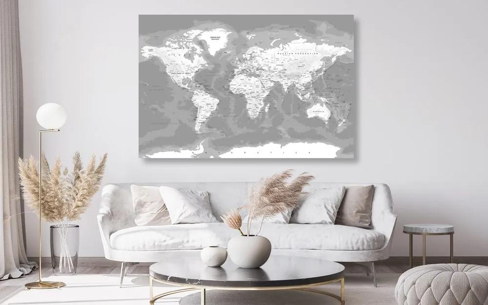Εικόνα ενός μοντέρνου ασπρόμαυρου παγκόσμιου χάρτη σε φελλό - 120x80  arrow