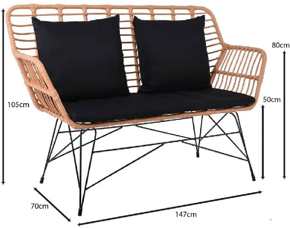 SALSA MAX LIVING ΚΑΝΑΠΕΣ ΚΗΠΟΥ 2ΘΕΣΙΟΣ, ΜΕΤΑΛΛΟ ΒΑΦΗ ΜΑΥΡΟ, WICKER ΦΥΣΙΚΟ, ΜΑΞΙΛΑΡΙΑ ΜΑΥΡΟ