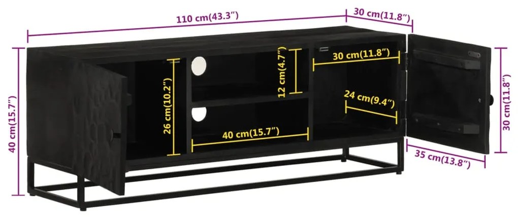 Έπιπλο Τηλεόρασης Μαύρο 110x30x40εκ.Μασίφ Ξύλο Μάνγκο &amp; Σίδηρος - Μαύρο