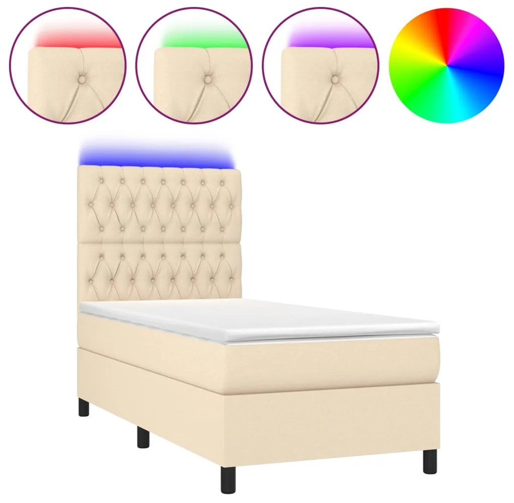vidaXL Κρεβάτι Boxspring με Στρώμα & LED Κρεμ 100x200 εκ. Υφασμάτινο