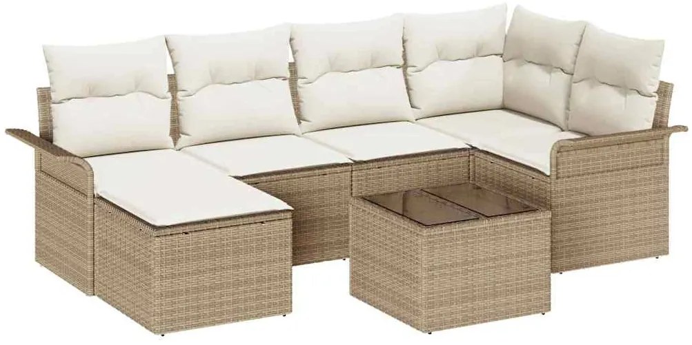 vidaXL Σετ Καναπέ Κήπου με μαξιλάρι 7 pcs Μπεζ Πολυ ράταν