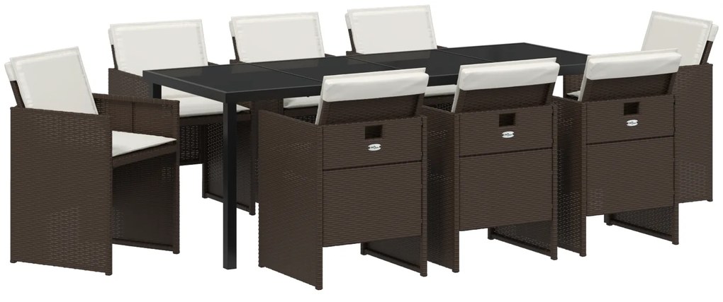 vidaXL Σετ Τραπεζαρίας Κήπου 9 Τεμαχίων με Μαξιλάρια Καφέ Πολυ Ρατάν