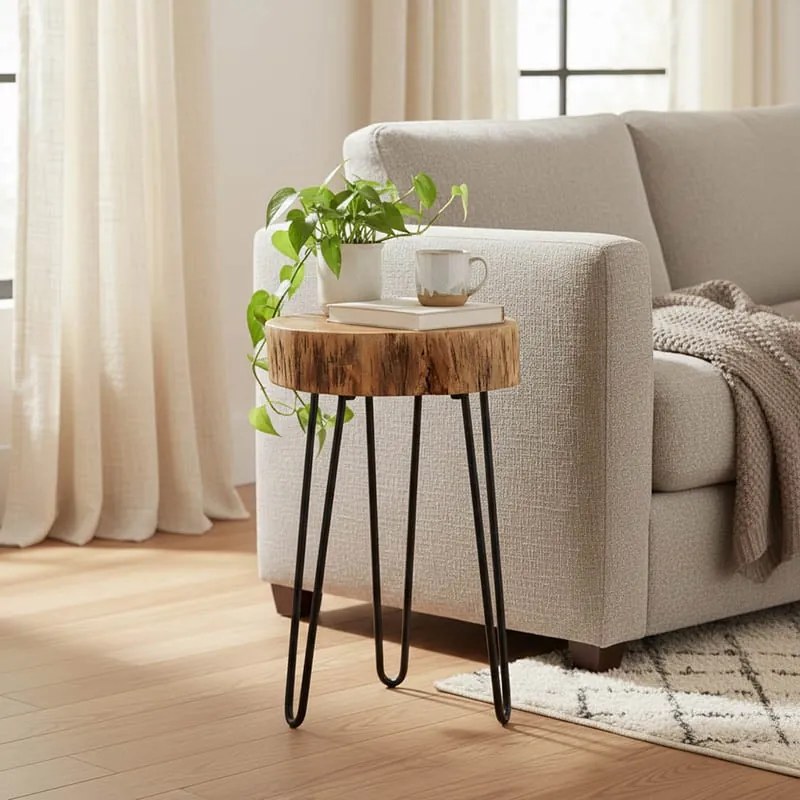 Βοηθητικό τραπέζι Tripp pakoworld μασίφ ξύλο ακακίας σε φυσική απόχρωση με μαυρα μεταλλικά πόδια 32x