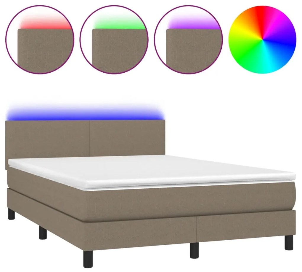 vidaXL Κρεβάτι Boxspring με Στρώμα & LED Taupe 140x200 εκ. Υφασμάτινο