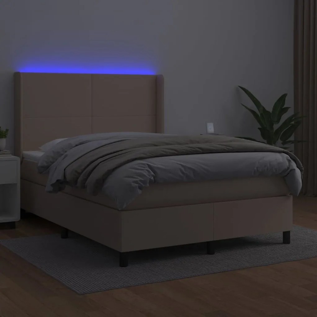 Κρεβάτι Boxspring Στρώμα&amp;LED Καπουτσίνο 140x190 εκ. Συνθ. Δέρμα - Καφέ