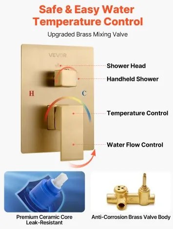 VEVOR Shower Faucet Set 12&quot; Square Rain Shower Head and Hand Set Brushed Gold