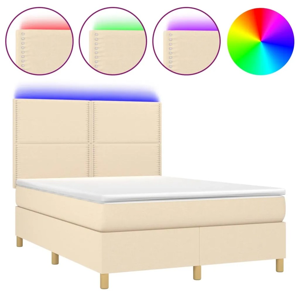 vidaXL Κρεβάτι Boxspring με Στρώμα & LED Κρεμ 140x190 εκ. Υφασμάτινο