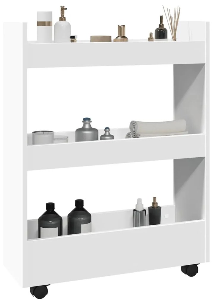 Στενό Τρόλεϊ Αποθήκευσης 3 Επιπέδων από Λευκό Μηχανικά Επεξεργασμένο Ξύλο