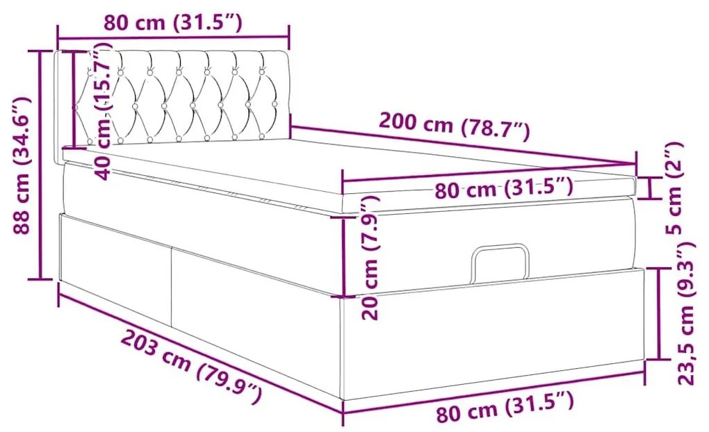 Οθωμανικό κρεβάτι με στρώμα Μαύρο 80x200cm Velvet - Μαύρο