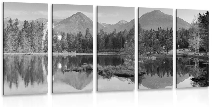 Εικόνα 5 μερών ενός πανέμορφου πανοράματος βουνών δίπλα στη λίμνη σε ασπρόμαυρο - 200x100