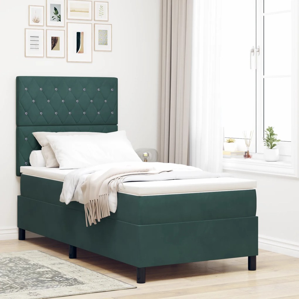 vidaXL Κρεβάτι Box Spring με Στρώμα Σκούρο Πράσινο 90x200 εκ. Βελούδο